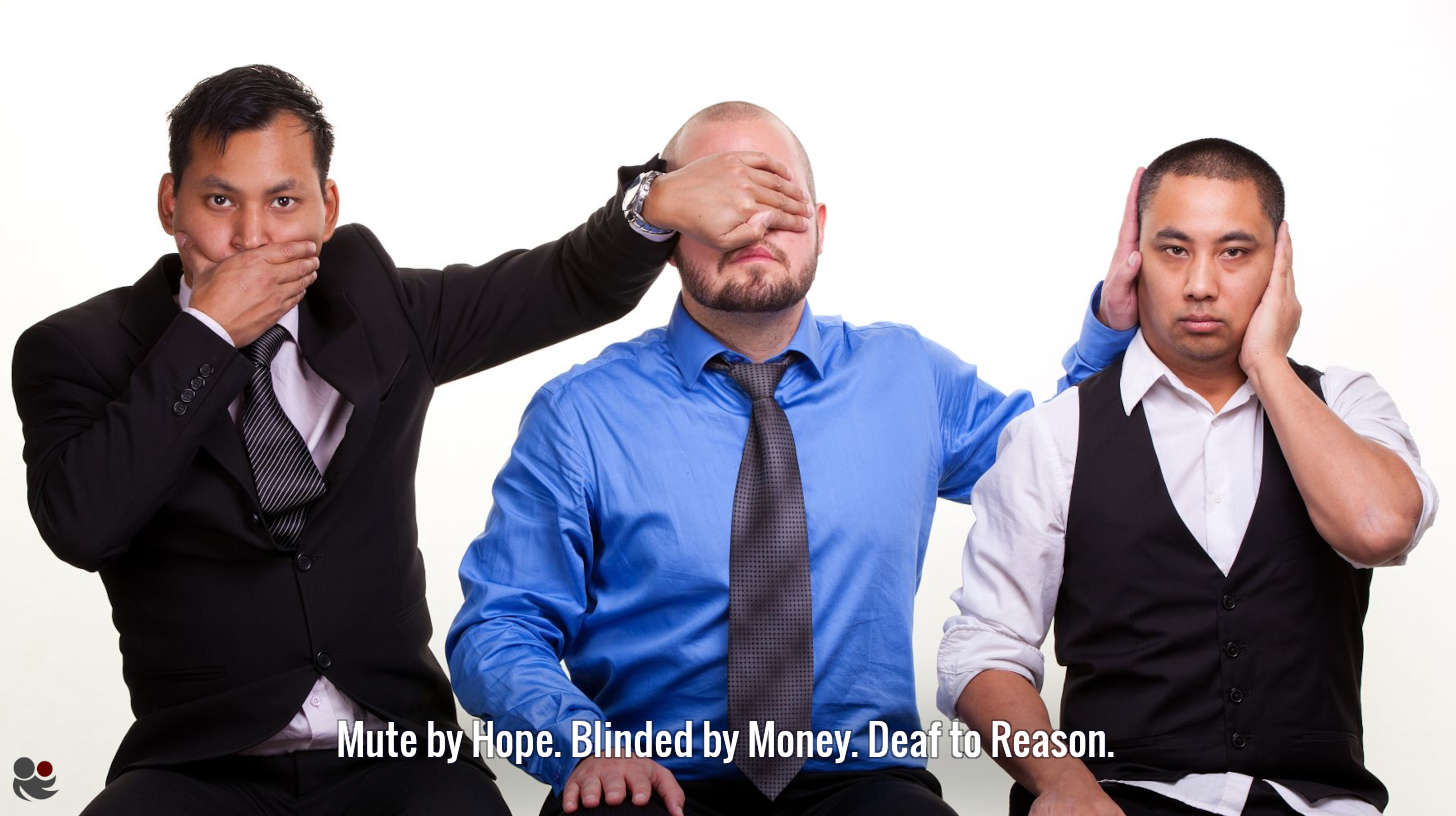 Symbolic image about gambling for money: three individuals show different stages of denial and awakening - See nothing. Hear nothing. Say nothing.